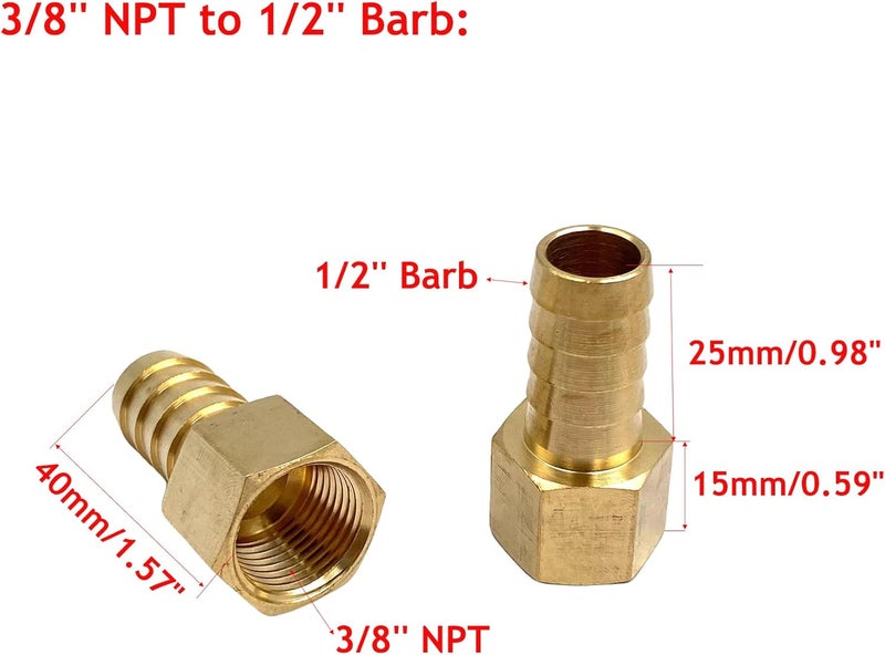 Bumugufu 6Pcs 3/8" NPT to 1/2" Barb Pipe Fitting Adapters,Brass 1/2" Barb x 3/8" NPT Female Hose Barb Fittings - Image 2
